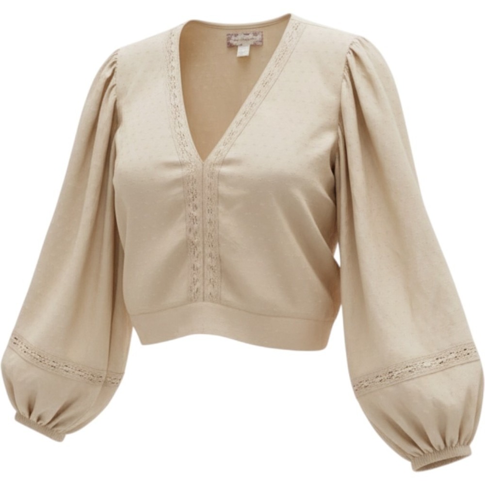 Band of the Free Cream Dobby Lace Trim Balloon Sleeve Crop Top Blouse Large NWT